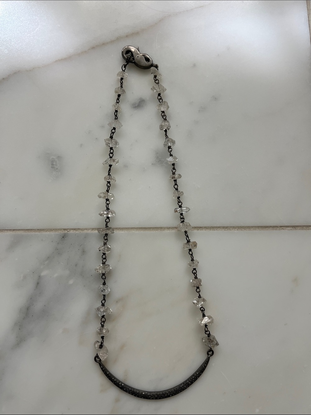 Clear Crystal Bead Necklace with Black Crescent Bar